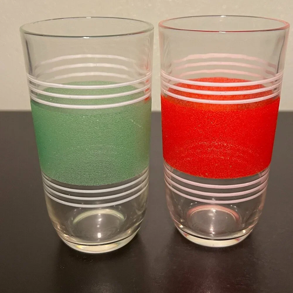 Vtg Hazel Atlas MCM Red Green Stripe Juice Glasses Set of 2 Frosted 8oz Tumbler
